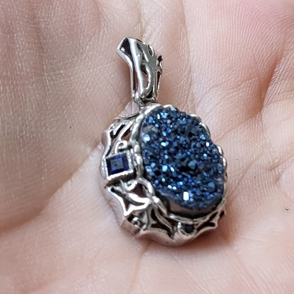 GLISTENING Antique 925 Sterling Silver Filigree Blue Sapphire pendant - Picture 4 of 8